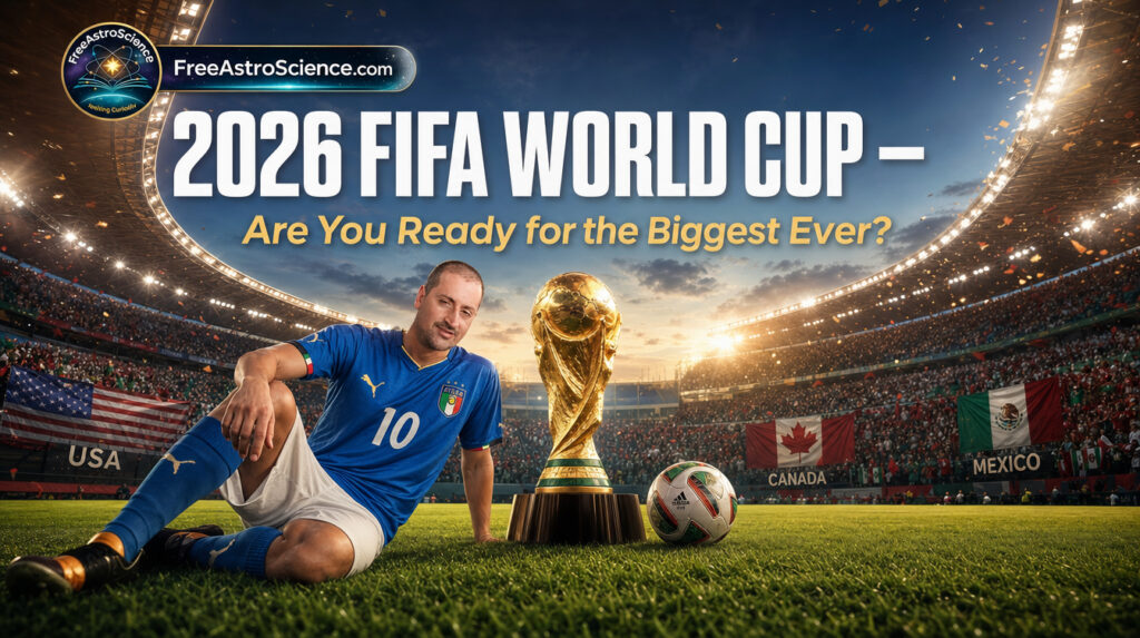 2026 FIFA World Cup trophy beside a footballer in a blue number 10 jersey on stadium grass, with USA, Canada and Mexico flags in a packed arena
