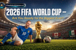 2026 FIFA World Cup trophy beside a footballer in a blue number 10 jersey on stadium grass, with USA, Canada and Mexico flags in a packed arena