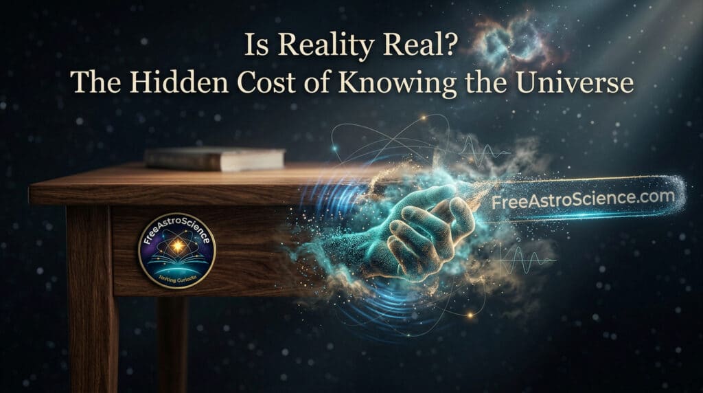 Wooden table dissolving into a glowing particle hand in a starry cosmos, illustrating quantum reality versus perception

