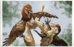 The new microraptor dinosaur Jian changmaensis (left) attacks the early bird Gansus yumenensis (right) in what is now the Changma Basin of northwestern China approximately 120 million years ago