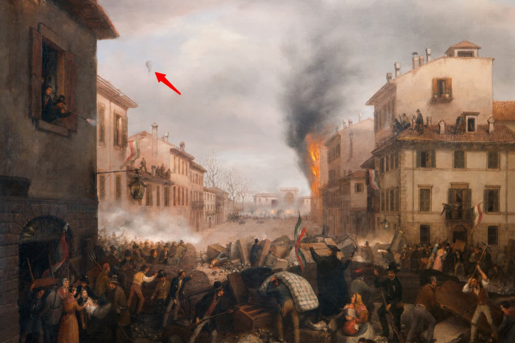 Detail of Carlo Canella's Porta Tosa painting showing a paper hot-air balloon floating above burning buildings and barricades during Milan's Cinque Giornate uprising of 1848