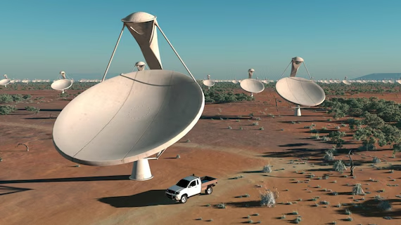 Artist rendering of SKA-Mid radio telescope's 15-meter white parabolic dishes spread across South Africa's red Karoo desert