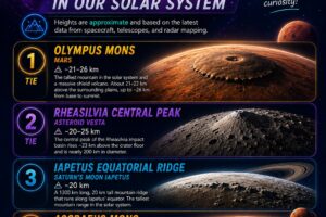Infographic ranking the 5 tallest mountains in the solar system: Olympus Mons, Rheasilvia, Iapetus Ridge, Ascraeus, Bo&ouml;saule.